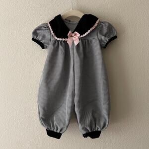 vintage 90s baby girls onesie jumpsuit gingham velvet collar bow 6-9 months